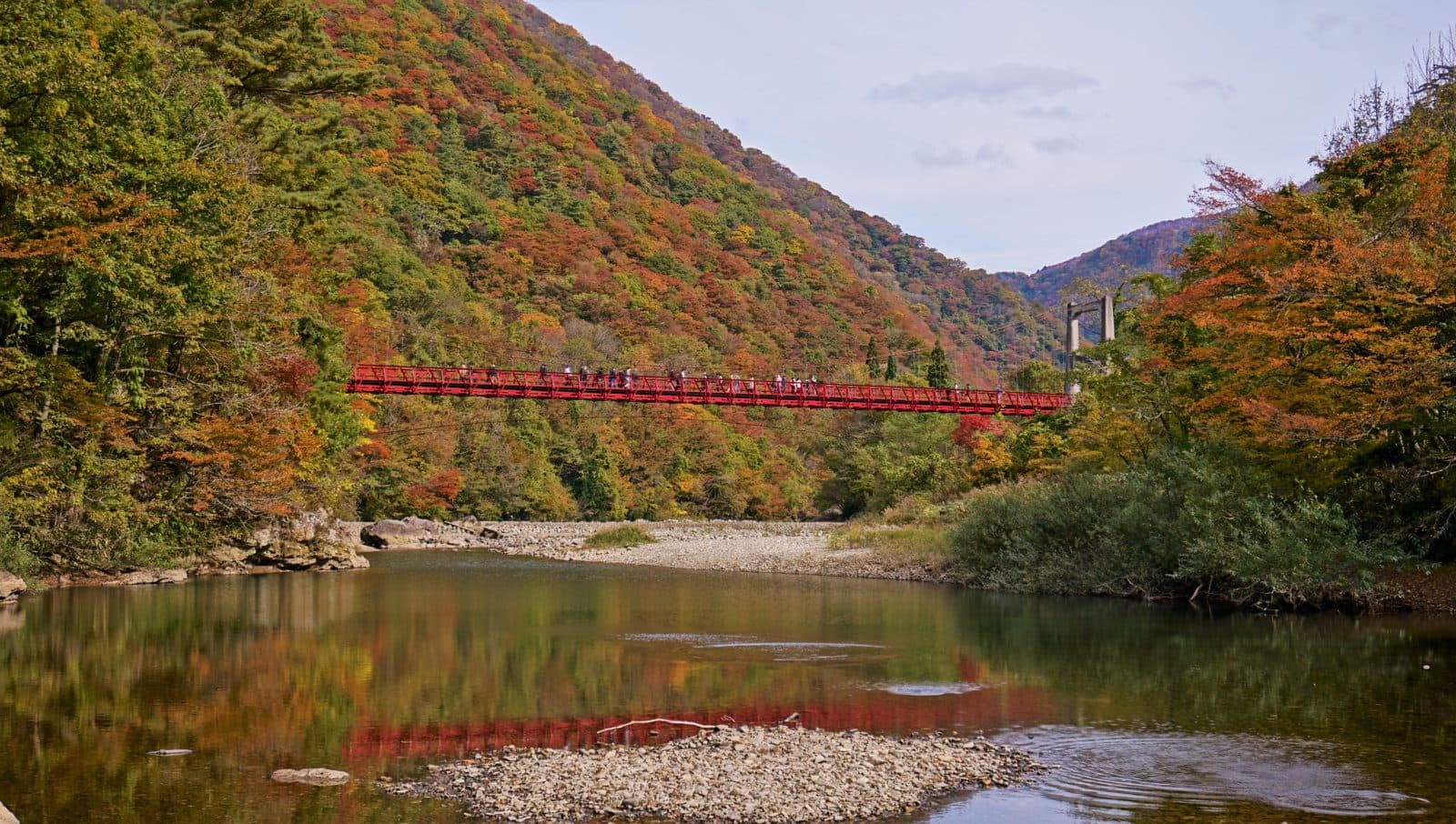 The red Kamino-iwahashi suspension bridge over a river in an autumn-coloured gorge