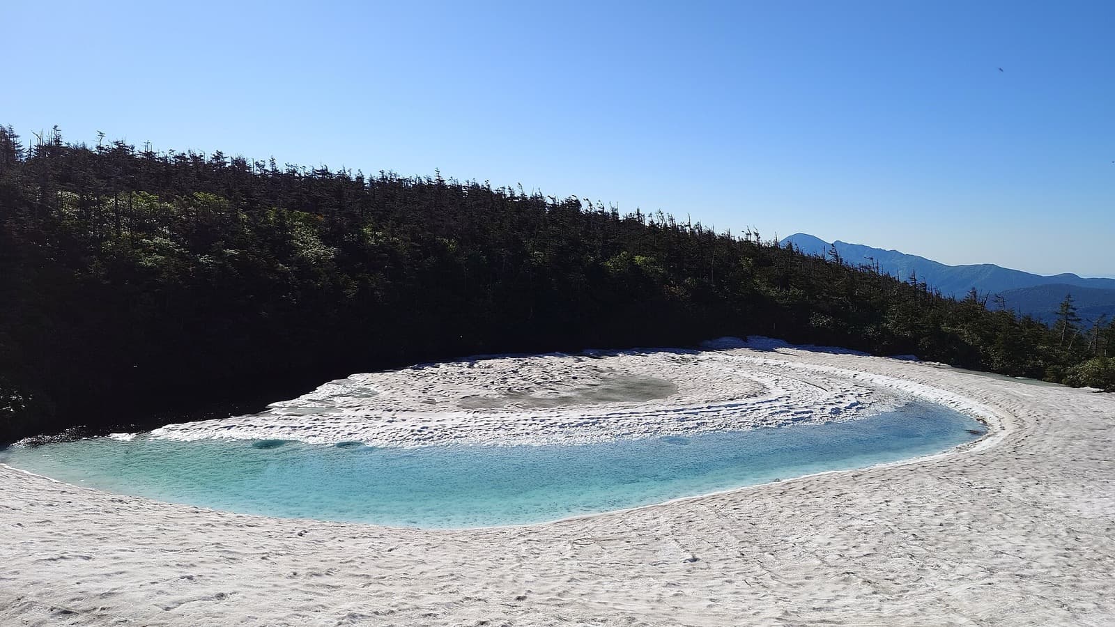 A ring of turquoise meltwater around a snow-covered centre in a mountain pond, with forest behind