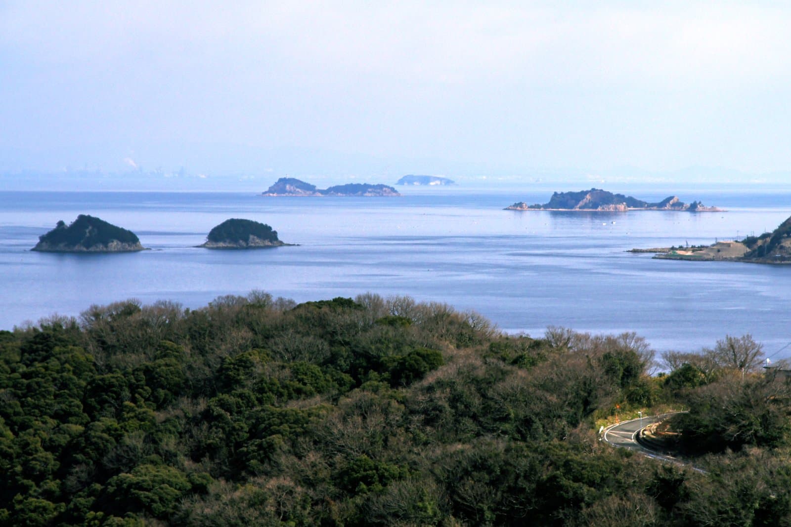 Small rocky islands in a calm hazy sea, seen over a wooded hill
