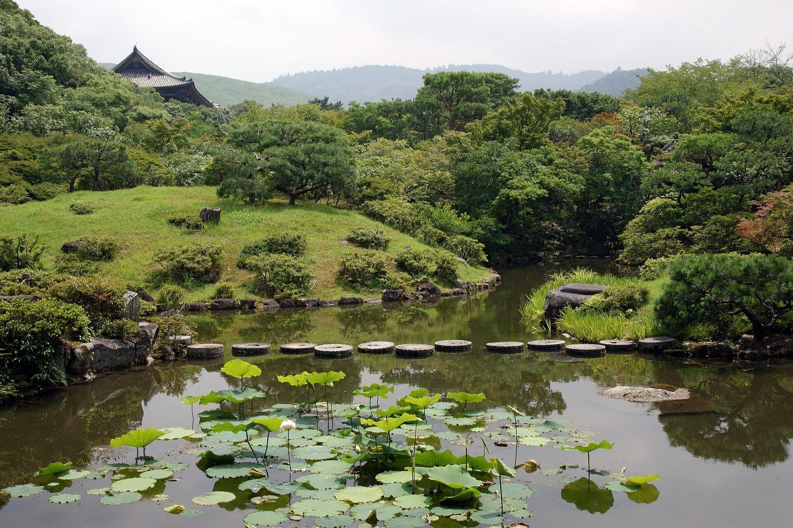 A garden pond with lotus leaves and stepping stones, a grassy hill with pines, and a temple gate roof in the distance