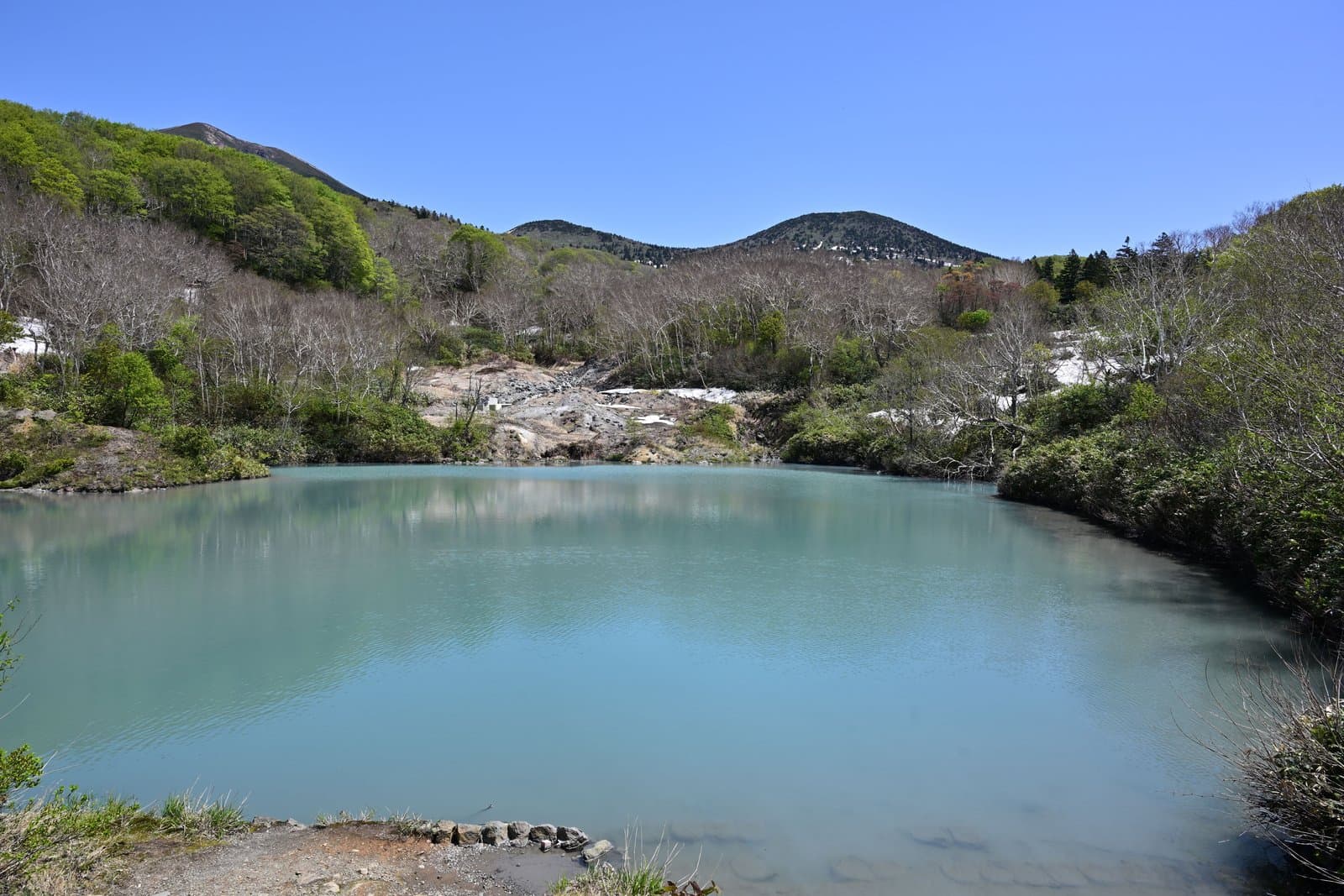 葉の落ちた木と緑の木々に囲まれた乳白色の青緑の沼と、奥の岩肌と山