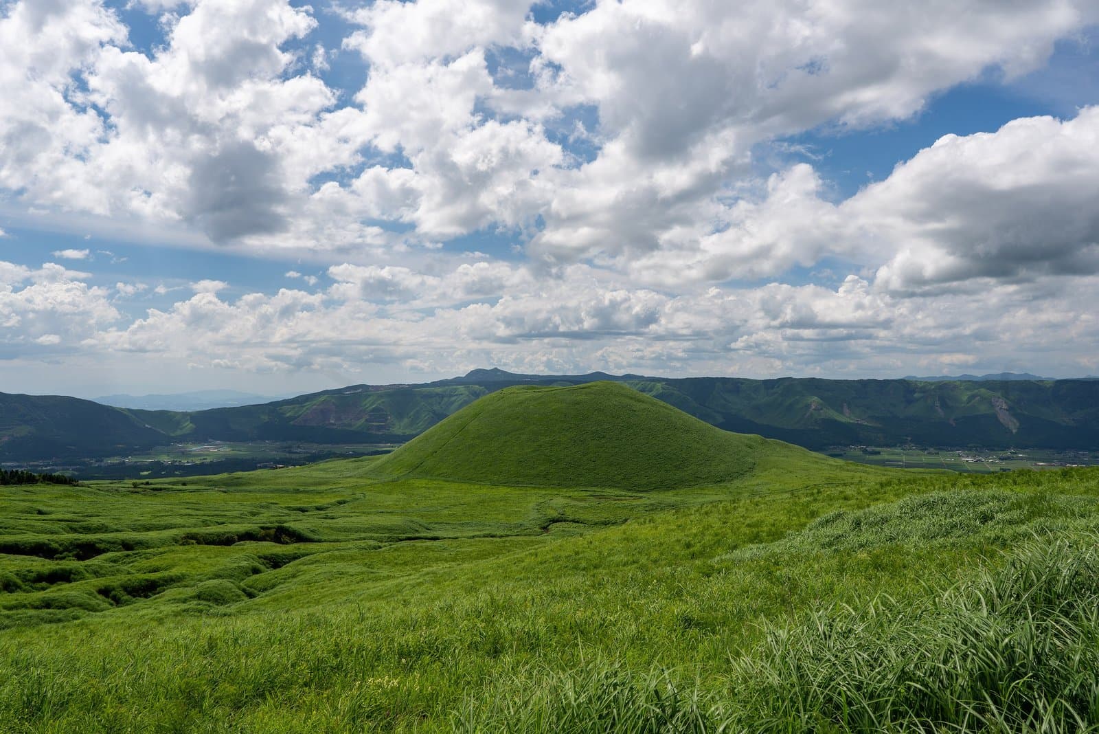 雲の多い空の下、緑の草原にある丸い草の山