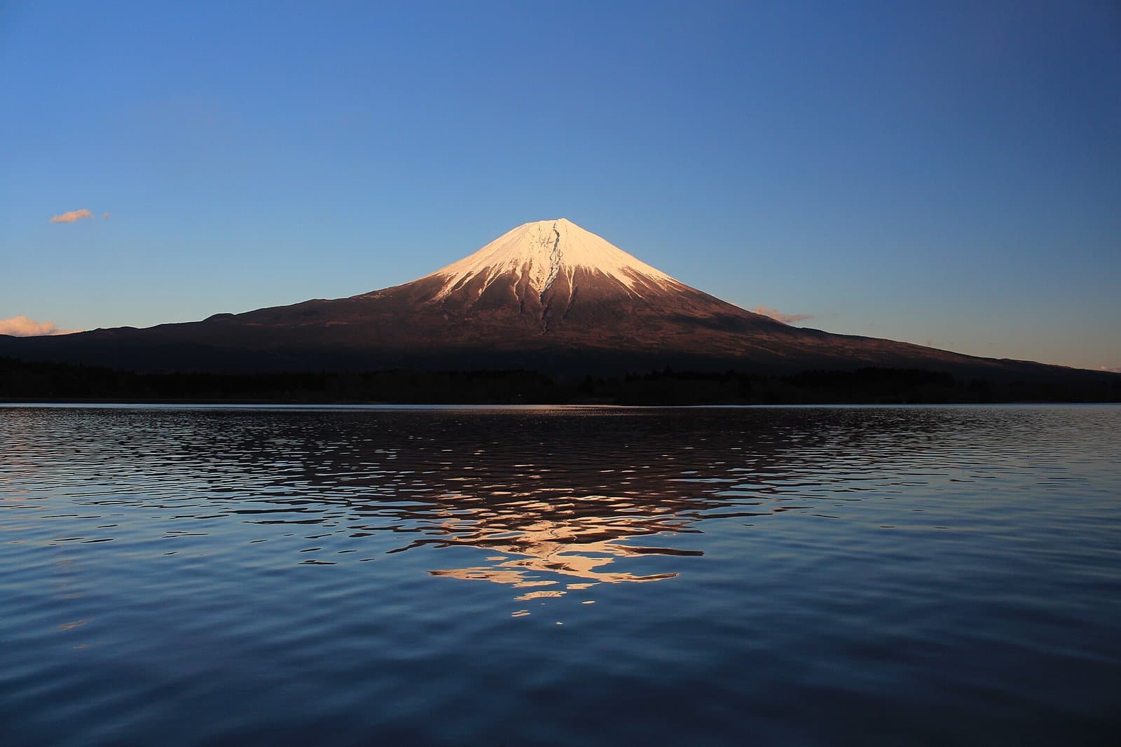 Snow-capped Mt Fuji lit by the evening sun, reflected in the rippling water of Lake Tanuki