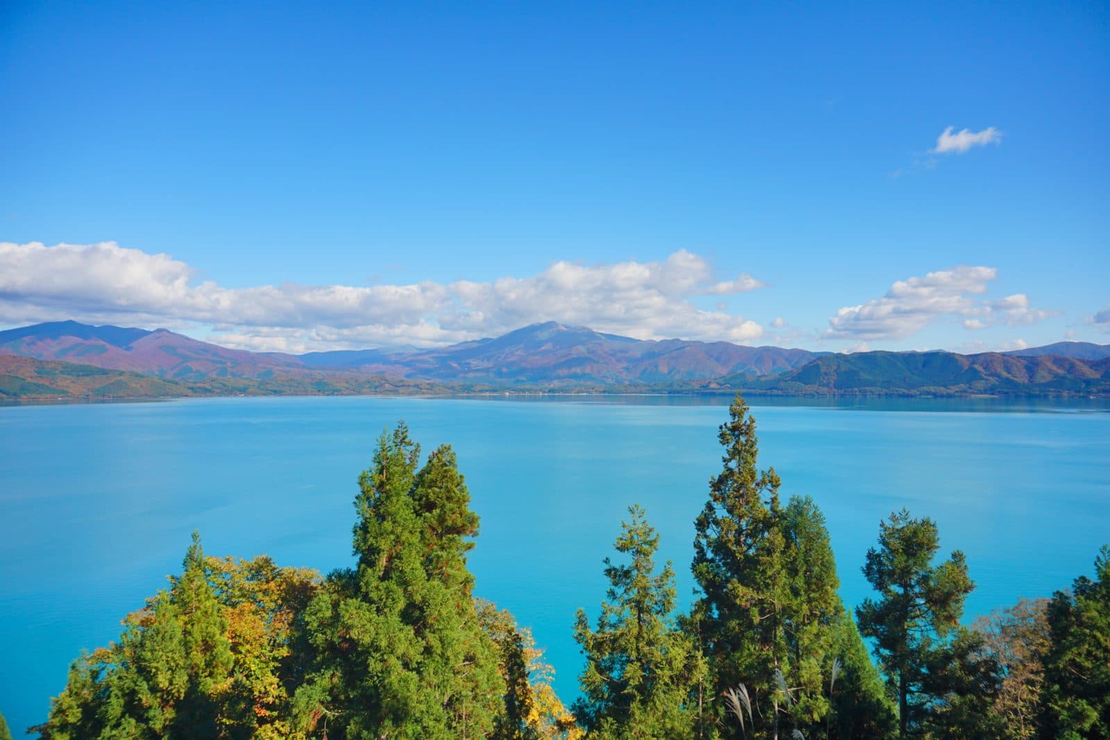 Deep blue Lake Tazawa under a blue sky, with autumn-coloured trees in front