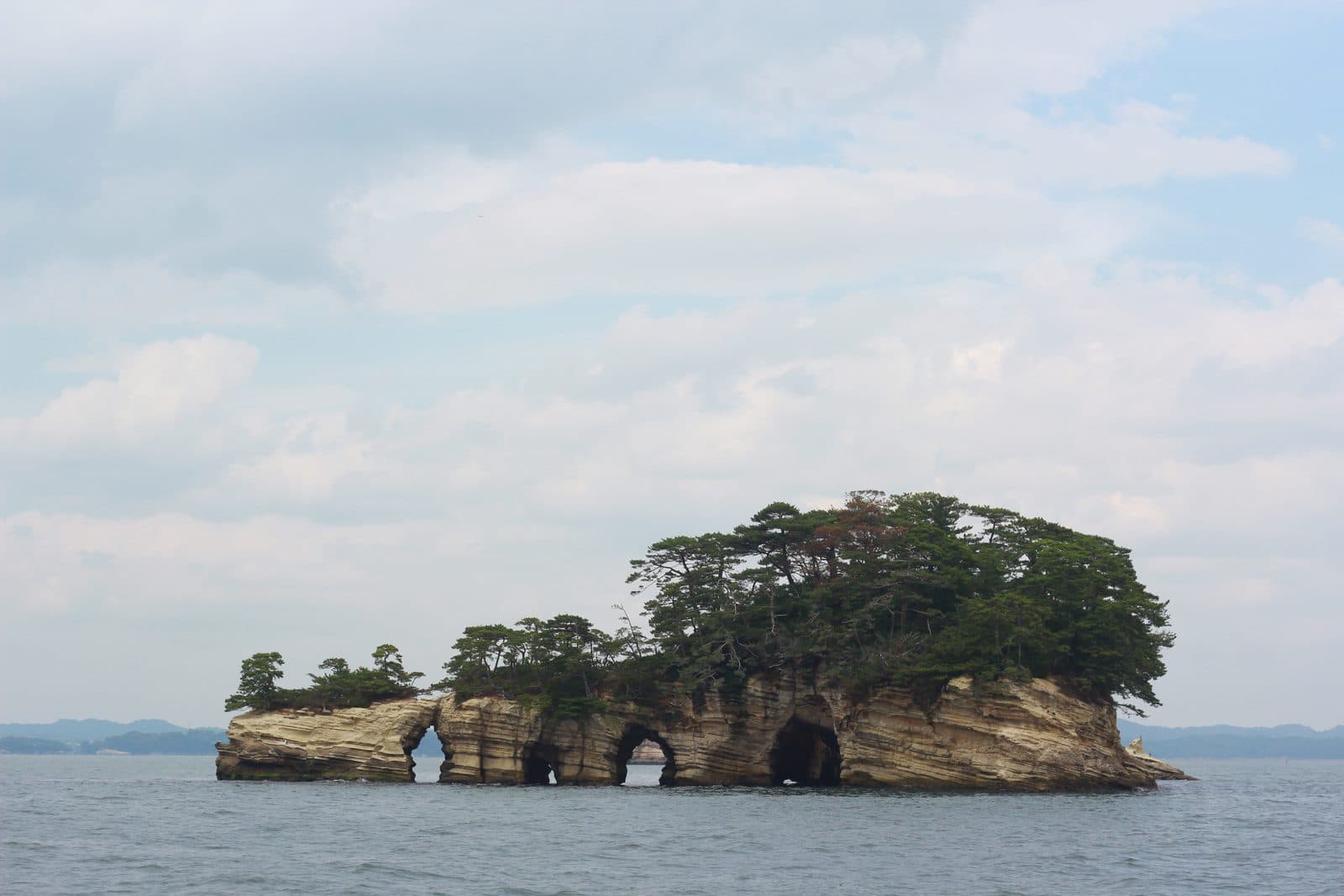 A small pine-covered island with wave-cut arches in Matsushima Bay