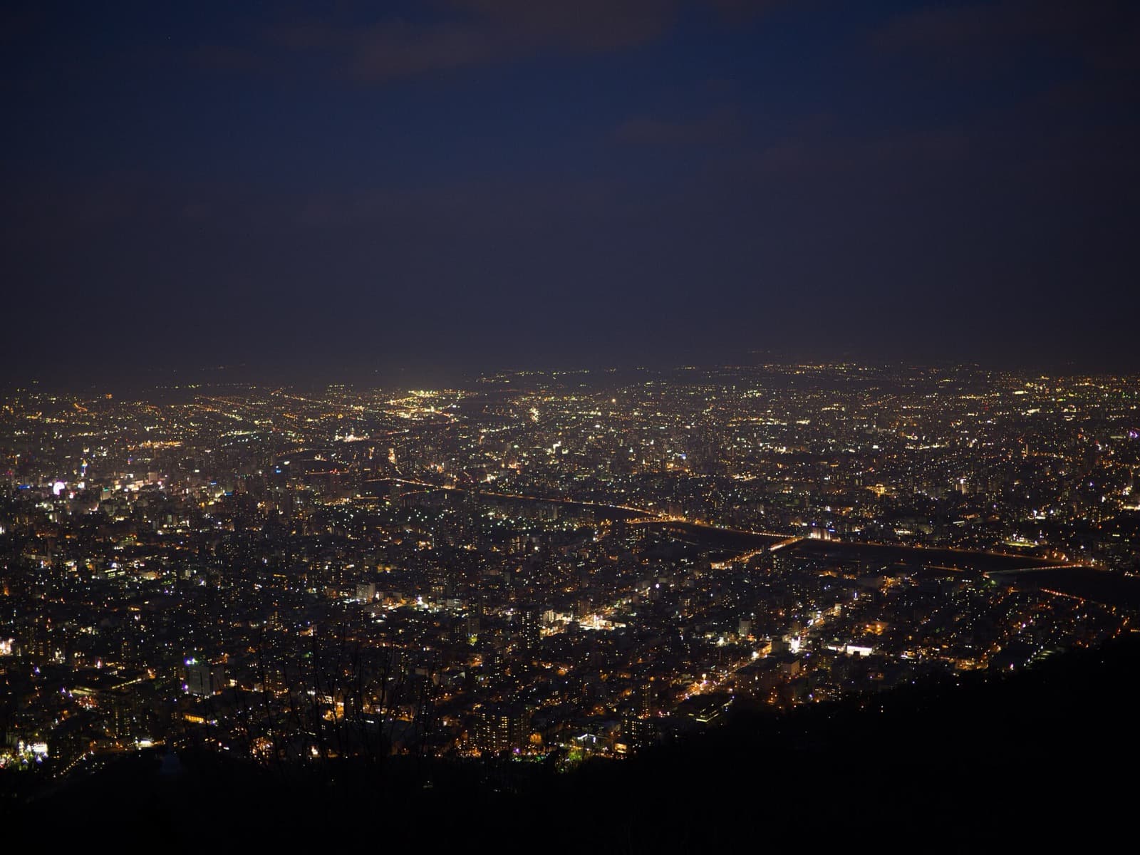 The lights of Sapporo spread across the plain at night, seen from a mountain