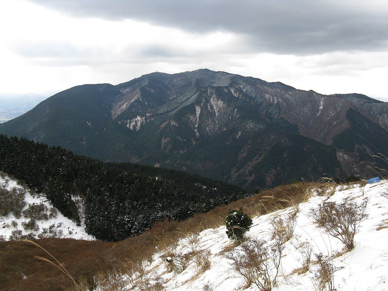 A broad forested mountain under a cloudy sky, with a snowy grassy slope in the foreground