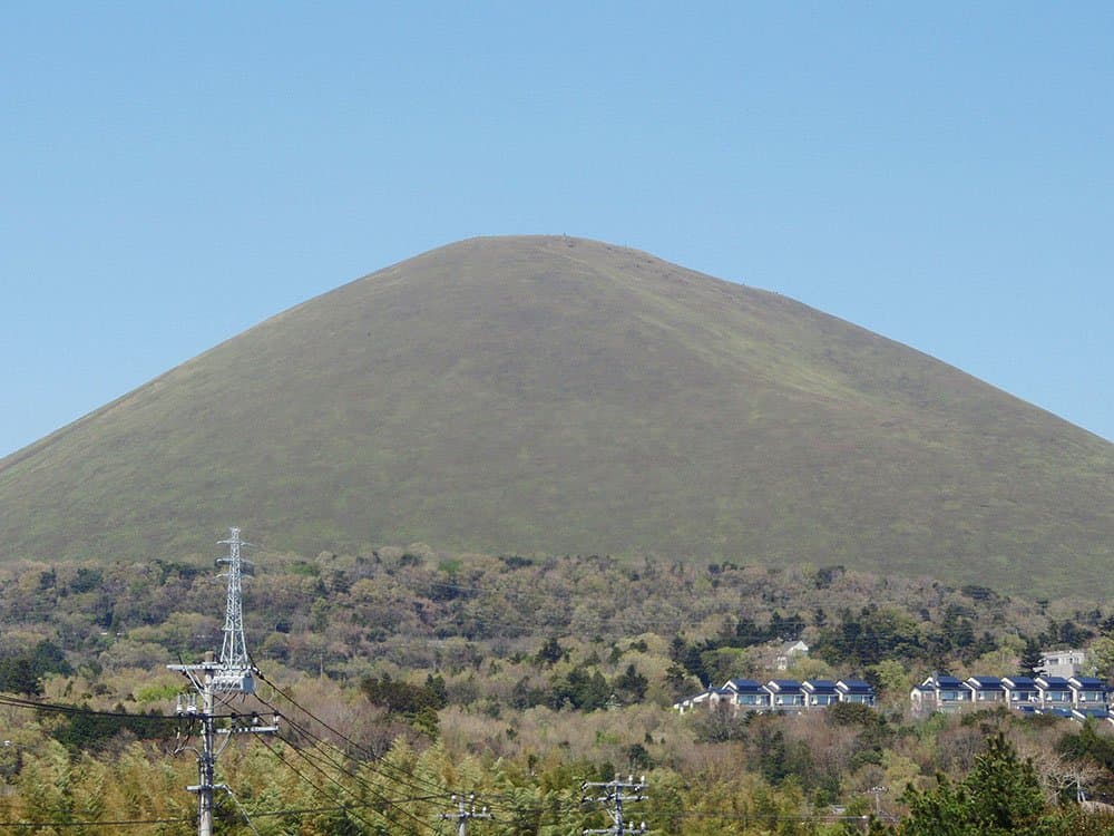 The smooth, bowl-shaped grassy cone of Mt Omuro rising above spring woods and houses