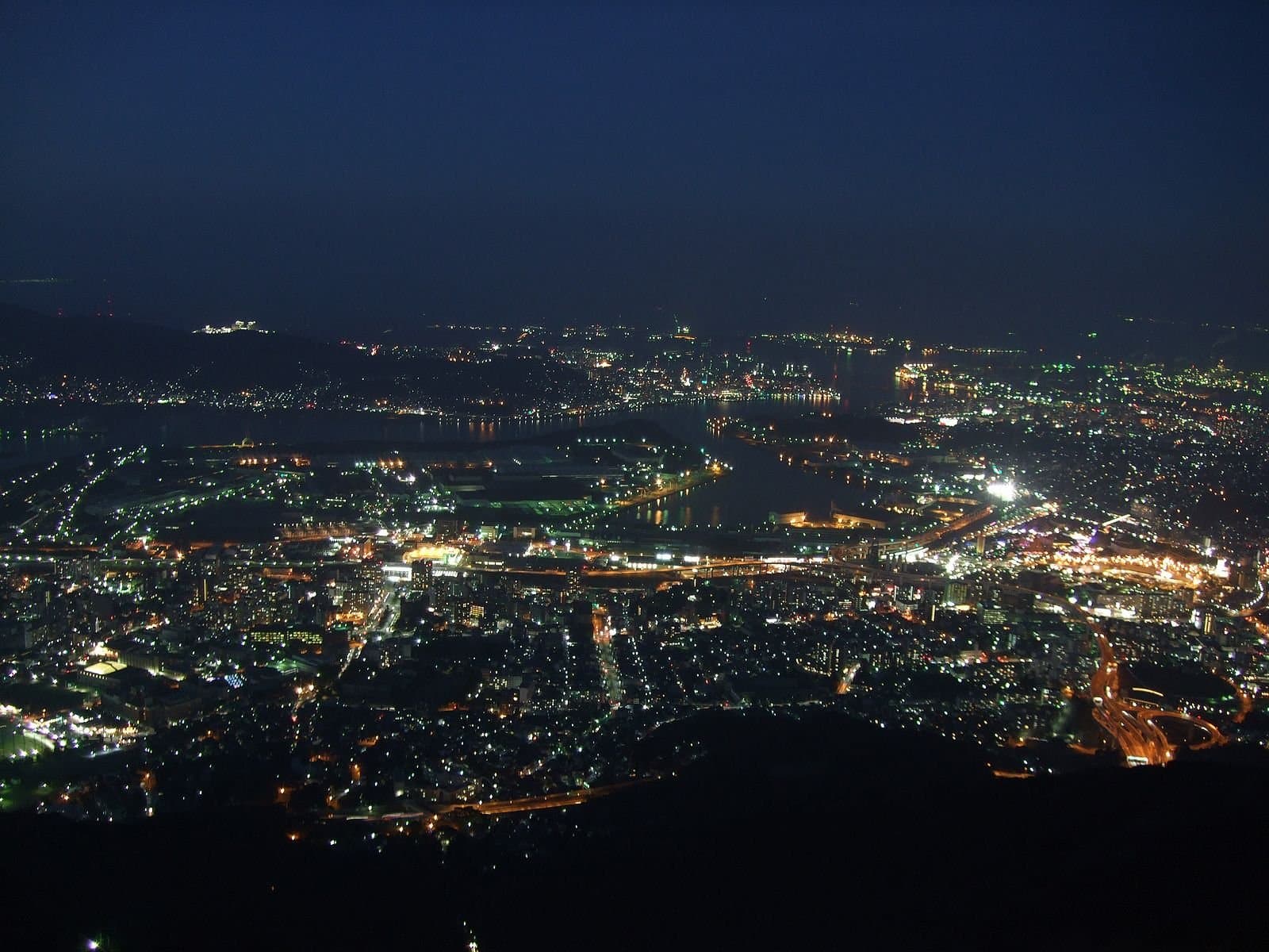 山頂から見た、平野と湾に広がる夜の街の明かり