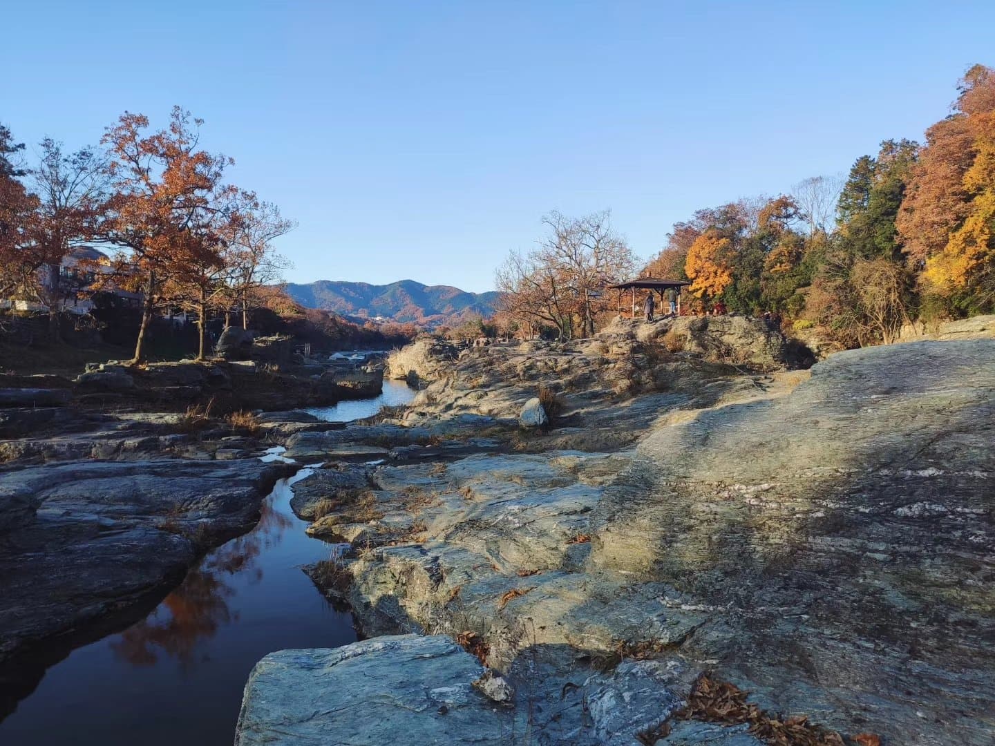 紅葉した木々と小さな東屋のある、川沿いの平らな層状の岩
