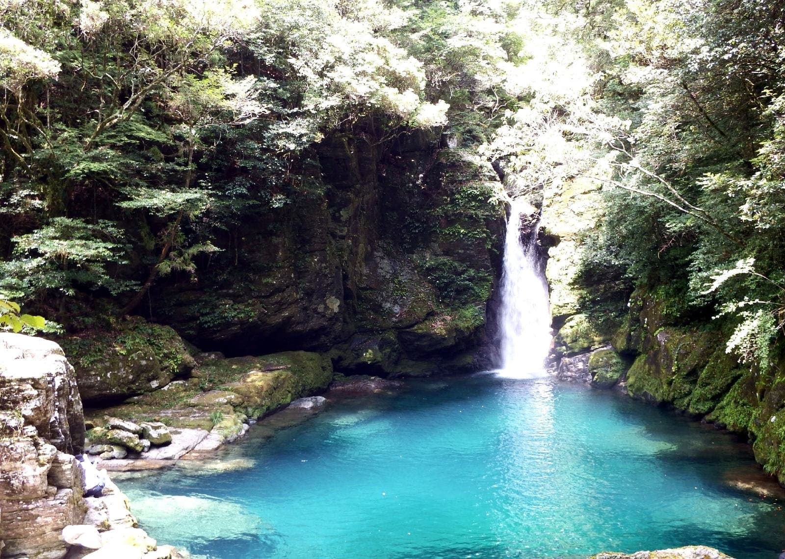 A waterfall dropping into a vivid blue pool surrounded by rocks and trees