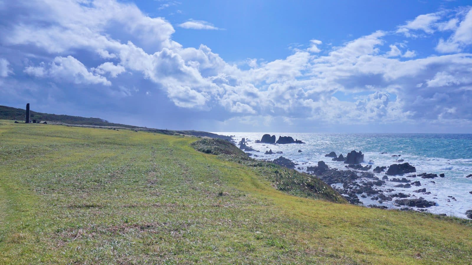 A grassy headland at Nyudozaki with rocky shore and sea under a cloudy blue sky