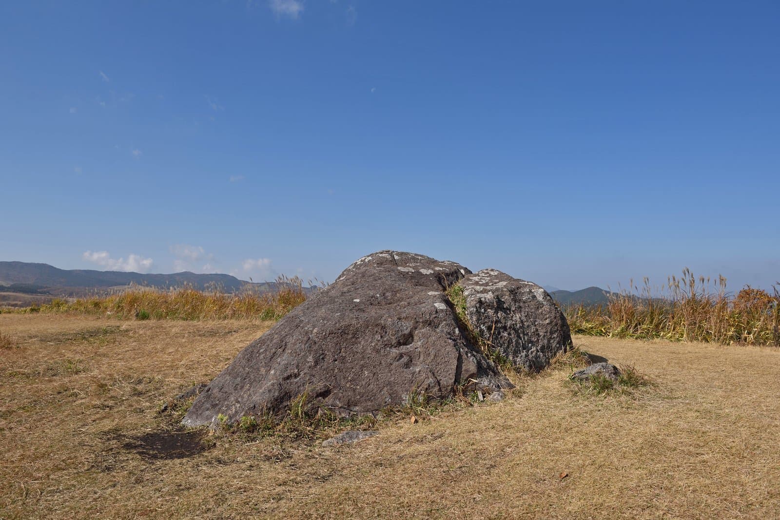A large lichen-covered boulder on a dry grassy hilltop under a blue sky