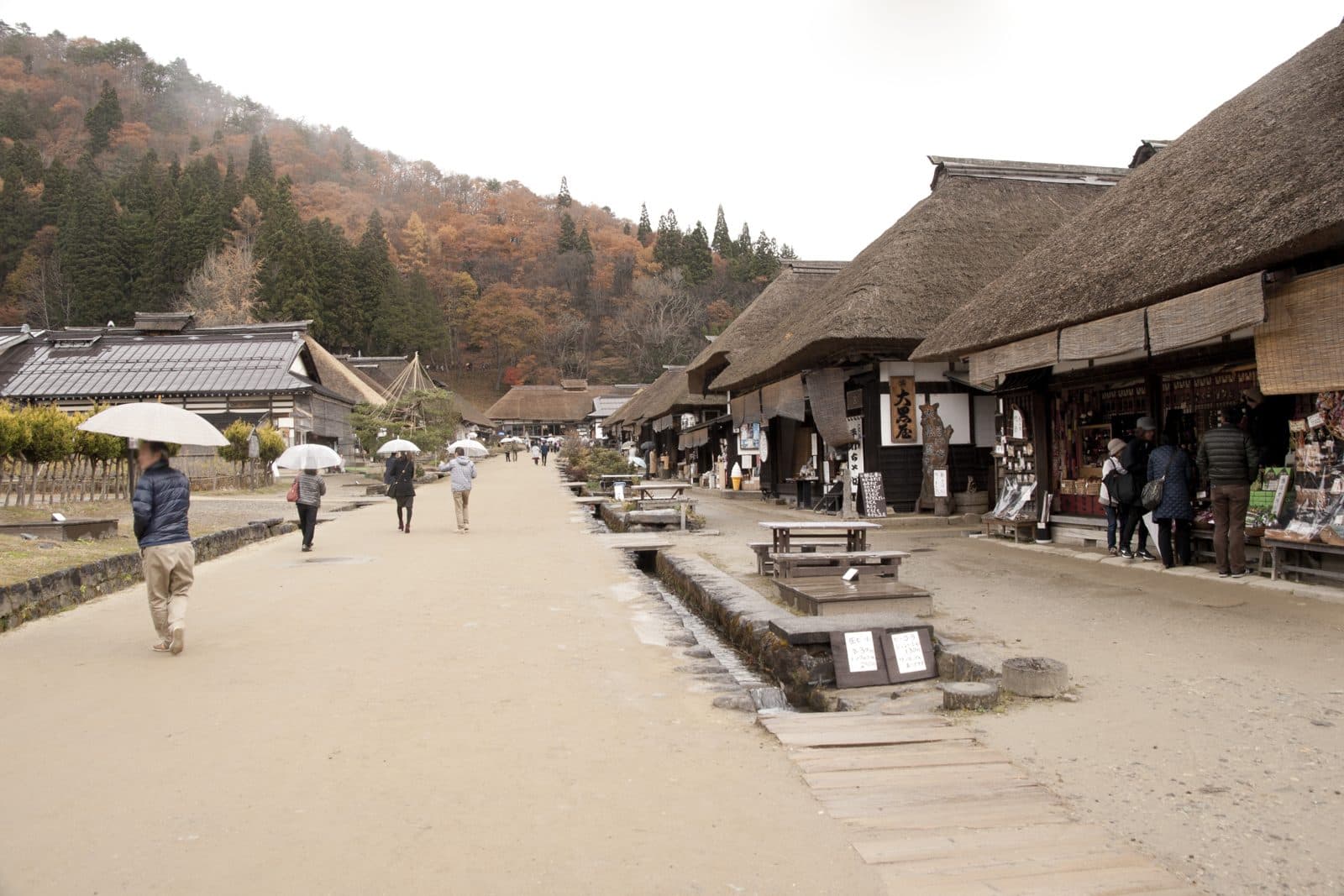 Thatched-roof houses lining the wide unpaved street of Ouchi-juku in autumn, with a few visitors