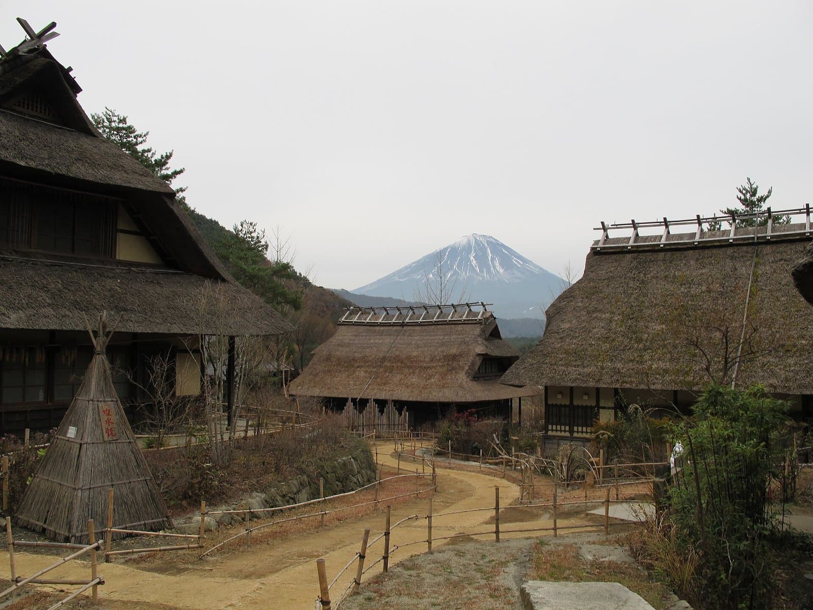 Thatched-roof farmhouses along a path with bamboo fences, with snow-capped Mt Fuji between them