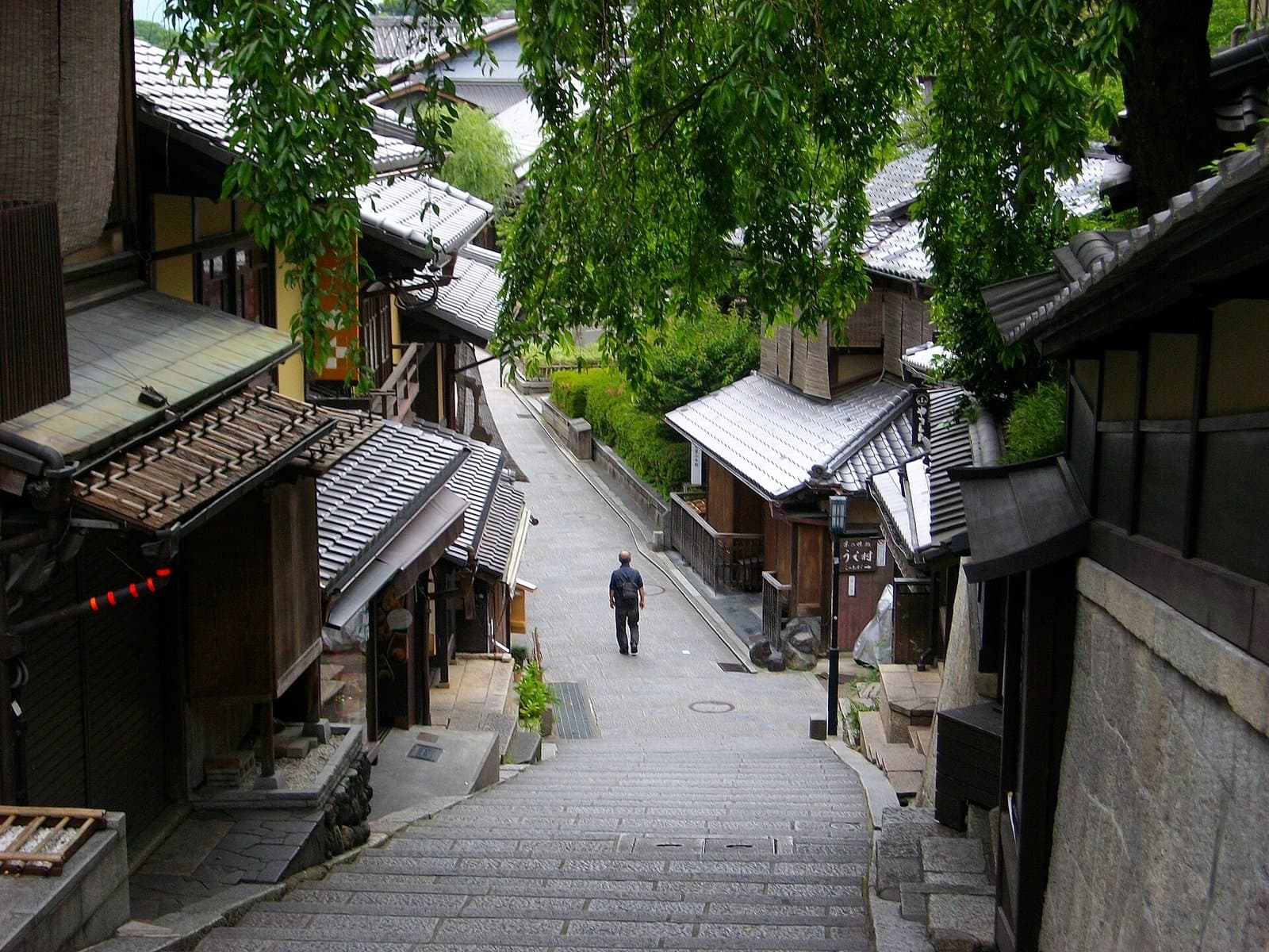 Stone steps leading down a slope lined with tiled-roof wooden townhouses under green trees