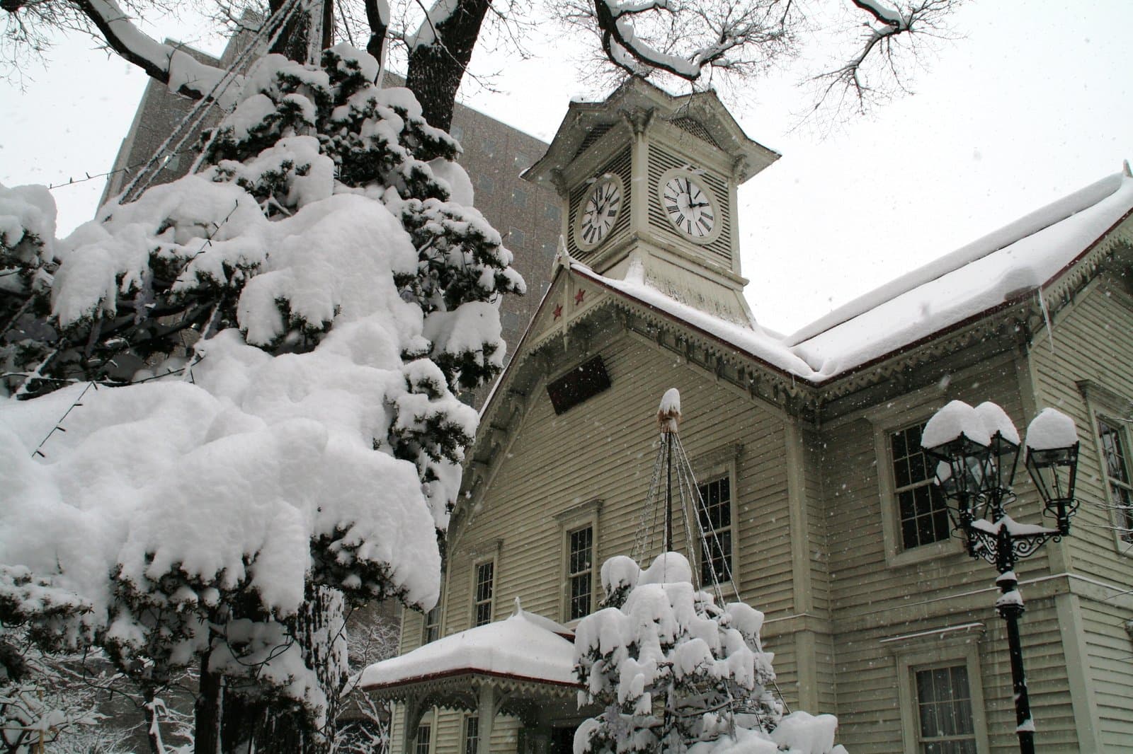The clock tower and snow-covered trees on a snowy day