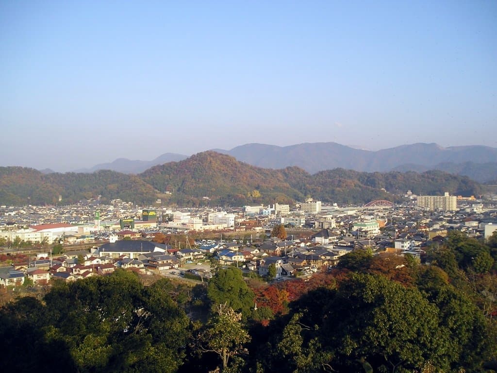 Wooded hills in autumn colours rising behind a town, seen from a hilltop on a clear day