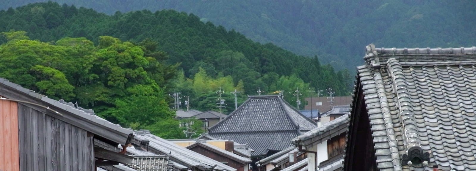 Old grey tiled roofs of a post town in front of forested hills