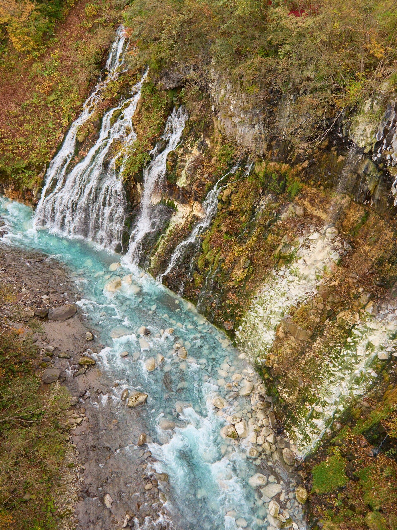 Water streaming down a rock face into a blue river, with autumn plants