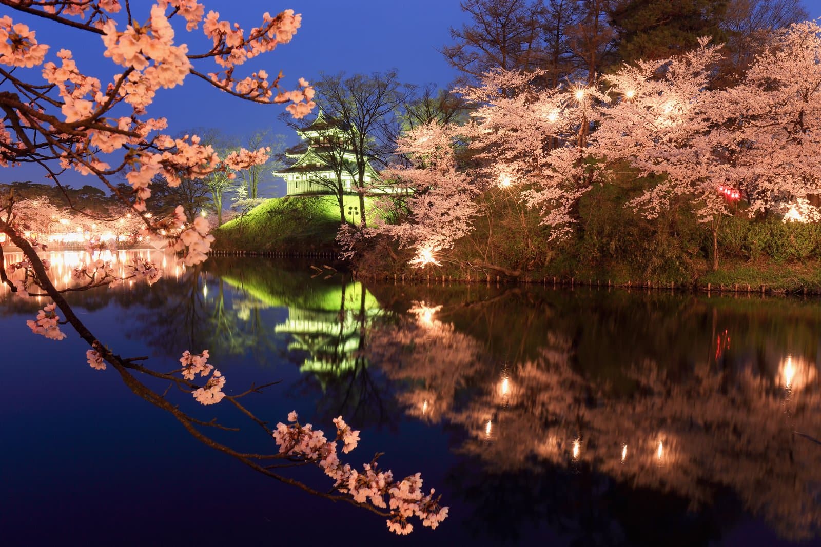 Lit-up cherry blossoms and a small castle turret reflected in a moat at dusk