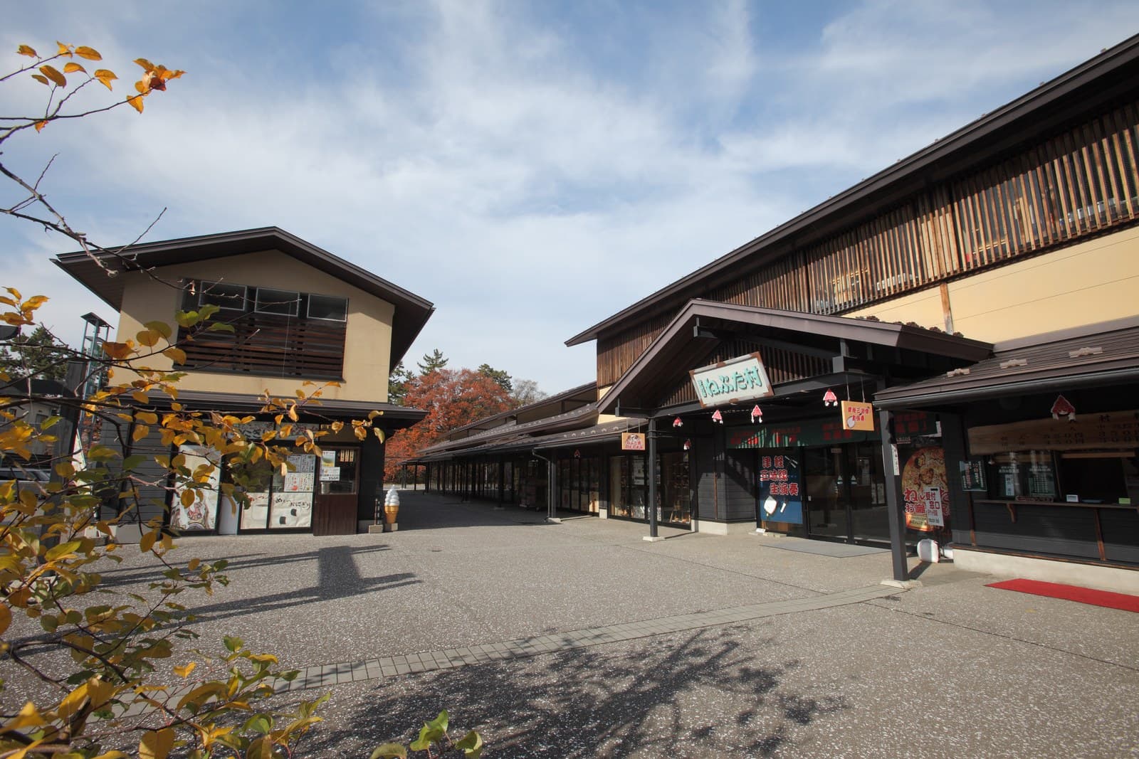The village's wooden buildings around a paved square in autumn