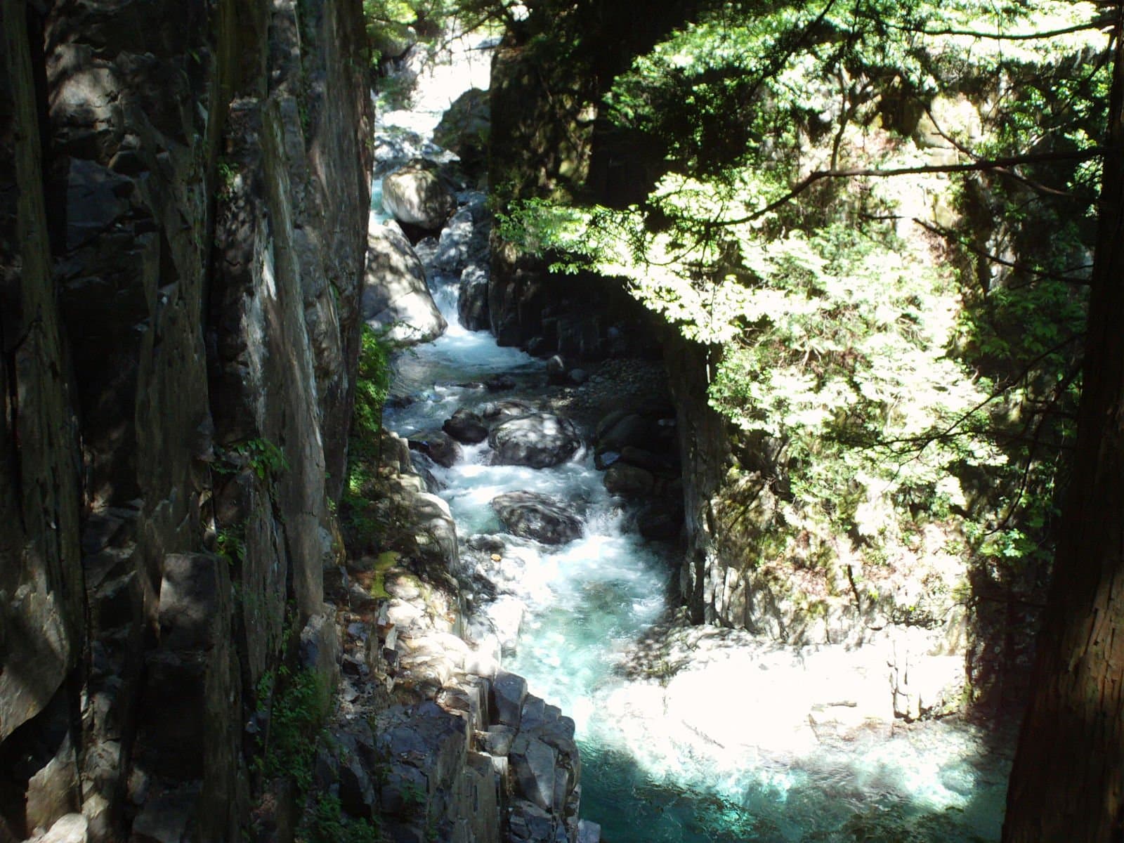 A clear blue-green stream rushing between sheer rock walls in a forest