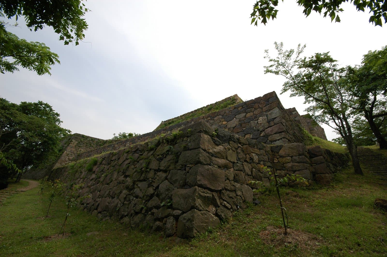 High stone walls of a castle base on a grassy hill, framed by trees