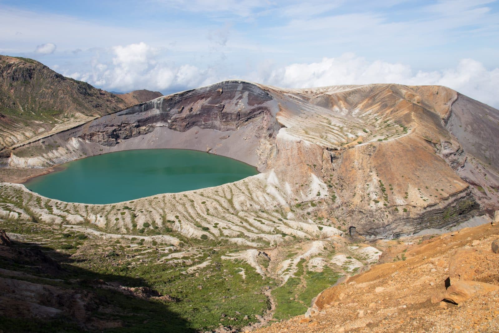 The green crater lake Okama inside a brown volcanic crater, seen from above