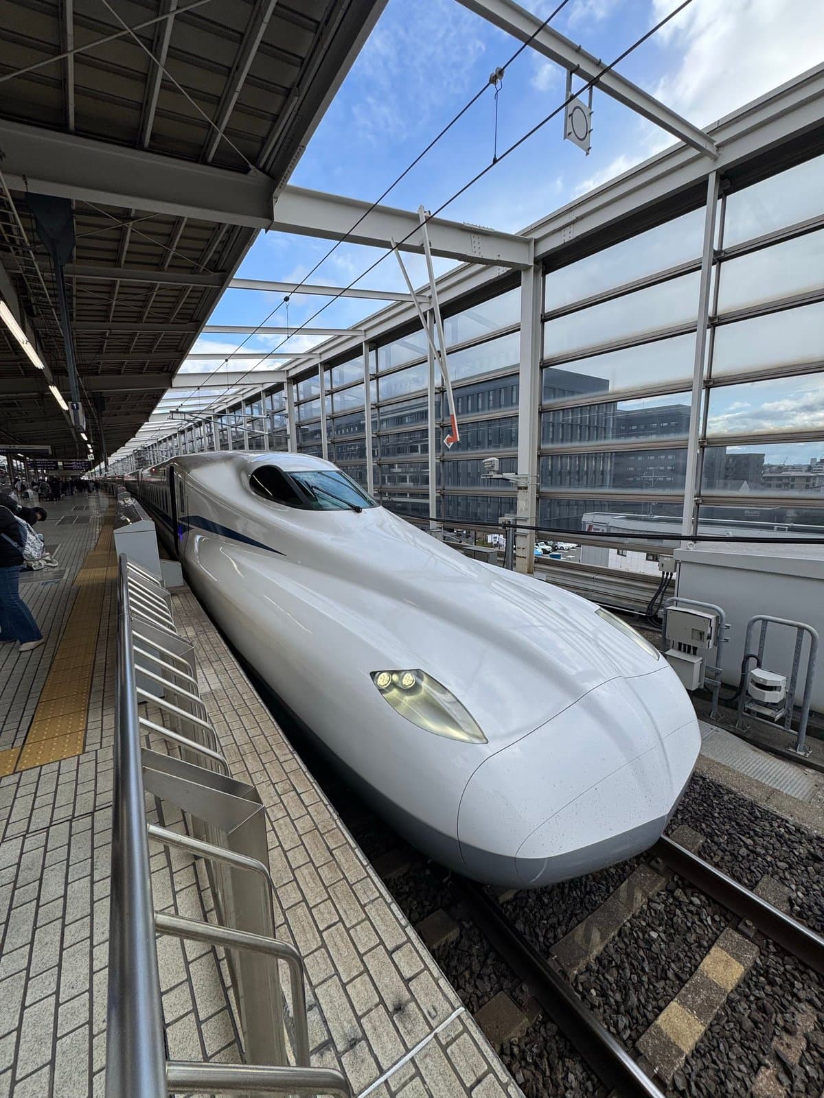 A Shinkansen train at a station platform