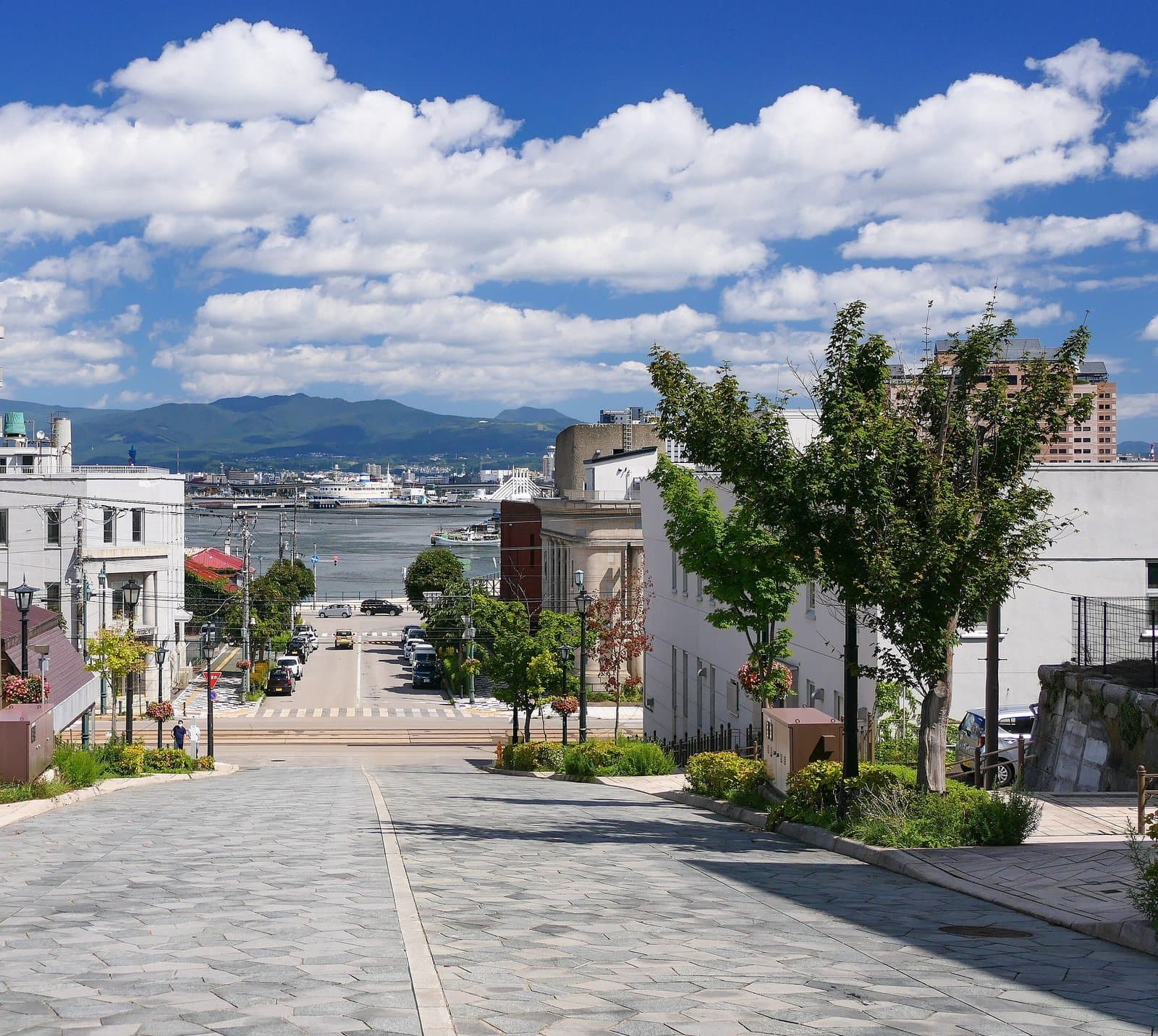A wide stone-paved slope running straight down between buildings and trees to Hakodate port, with mountains across the bay