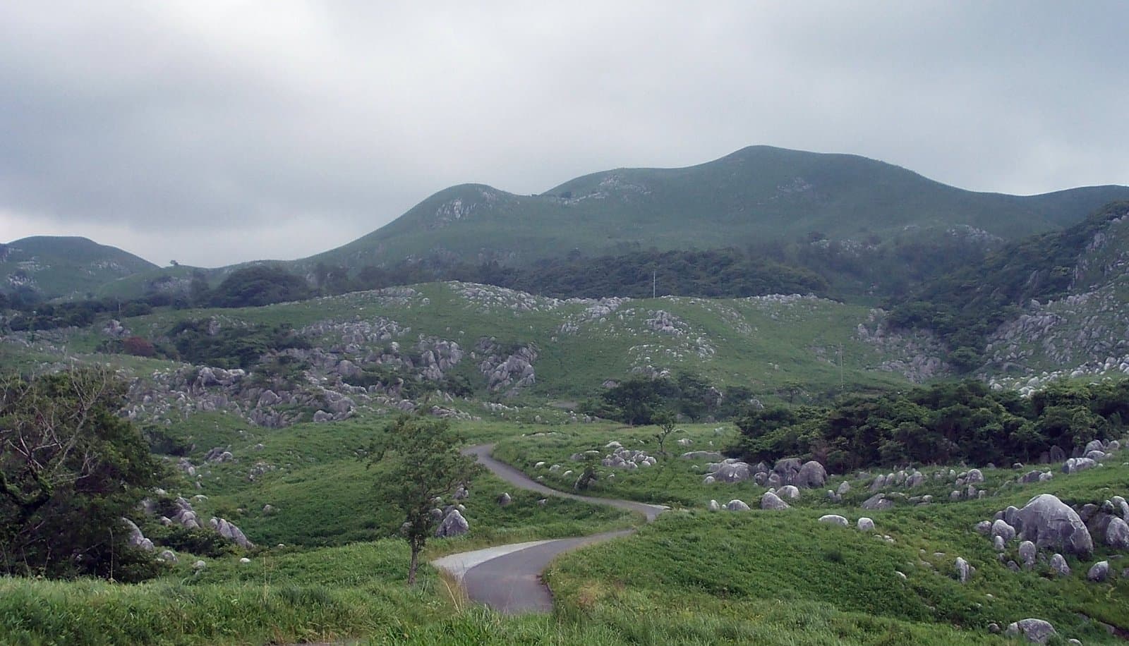 Green grassy hills dotted with white limestone rocks, with a narrow road winding through under a cloudy sky