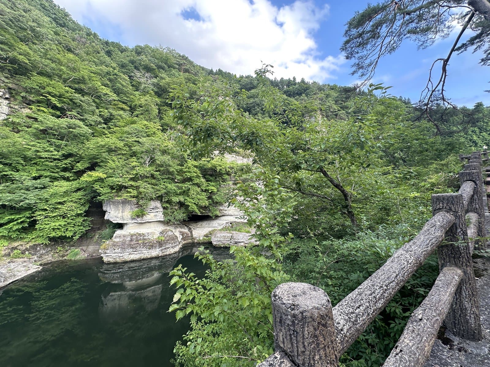 Eroded pale rock pillars above a dark green river, seen past a wooden fence