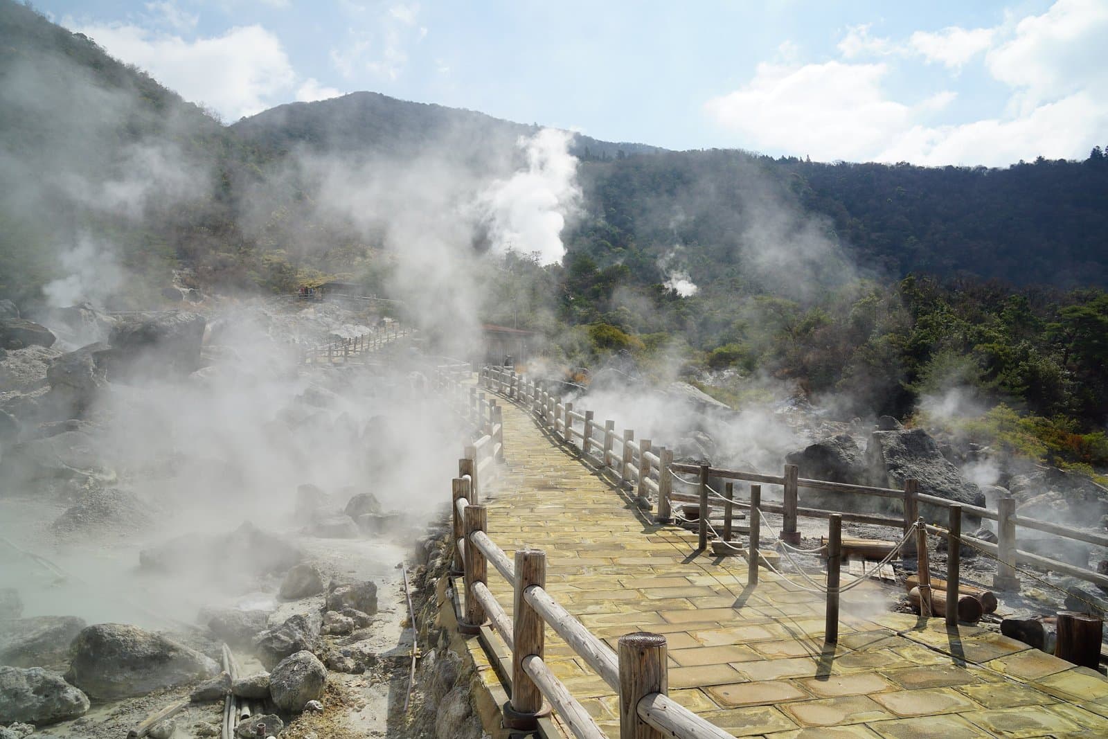 木の柵のある遊歩道の横で、噴気が立ちのぼる地面